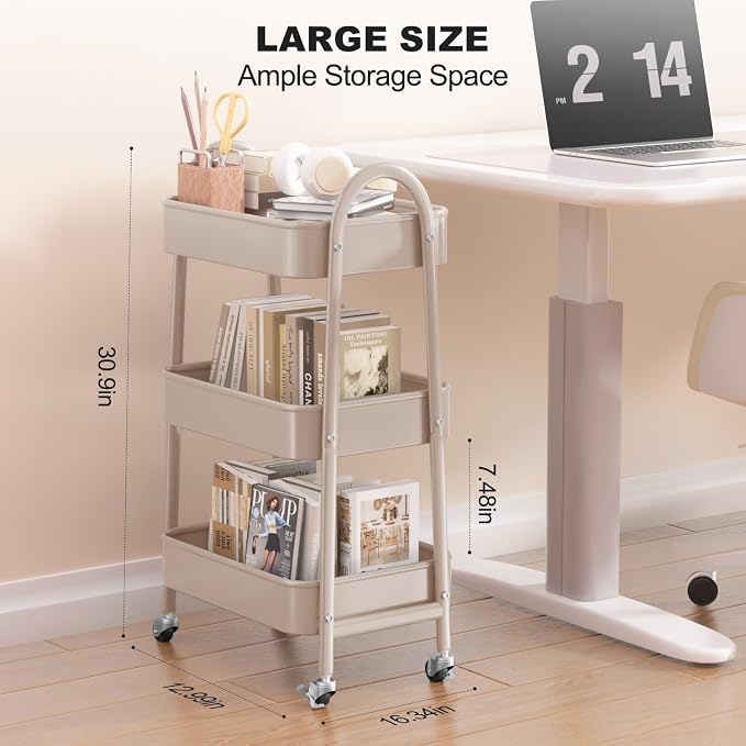 3 Tier Rolling Cart, Large Metal Storage Cart with Handle and Lockable Wheels, Big Multifunctional Storage Organizer Trolley with Mesh Baskets for Kitchen, Living Room, Office, Garage (Beige)