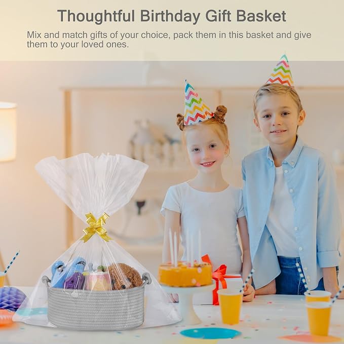 Small Empty Gift Basket with Bag & Ribbons, Cool Gray | 12“x8”x5”, Cotton Rope Woven Basket for Birthdays, Baby Showers, Mother's Day, Christmas; Stores Small Items, Kids & Pet Toys