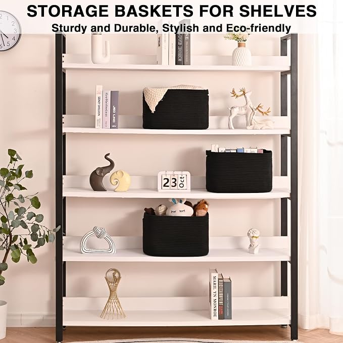 Storage Baskets for Organizing Shelves, Woven Cotton Rope Bins for Organization, Dog Toy Organizer for Shelf Living Room Bedroom, 14.8"×11"×9.5", Pack of 3, Black