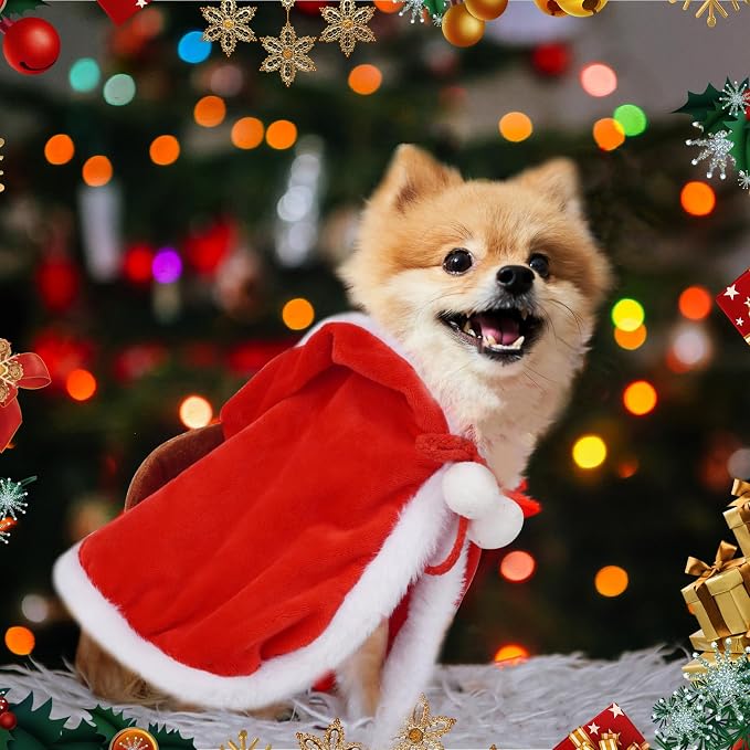 Dog Christmas Cape Velvet, Pet Santa Costume with Elk Antlers Hat Santa Claus Reindeer Outfit Puppy Xmas Hoodie Cloak Dog Clothes for Small Dogs Cat Doggie Cloak