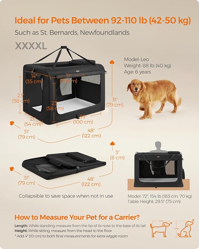 Feandrea Collapsible Soft Dog Crate, Portable Travel, 48 Inches | Dog Carrier Kennel with Safety Zippers for Living Room, Car, Travelling, Black UPDC12H