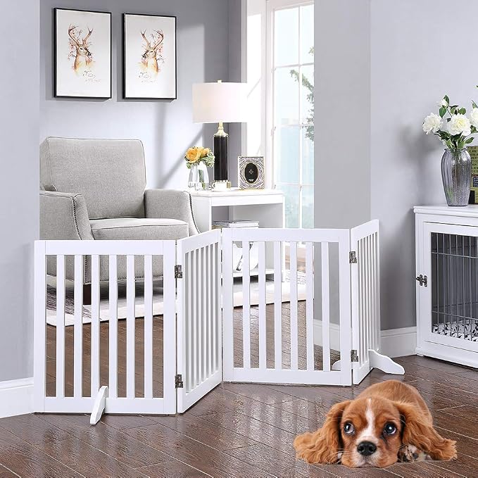 unipaws 24”H Free Standing Pet Gate for Dog Cat, 80”Wide Wooden Dog Gates | Foldable Pet Fence for Doorway, Stairs, Step, Expandable Doggy Barrier, Indoor Use, White