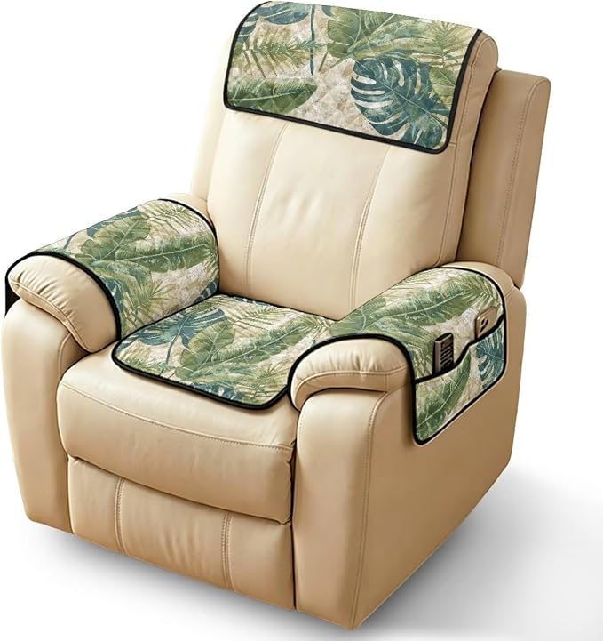 4 Piece Tropical Leaves Quilted Recliner Covers Washable Monstera | Recliner Slip Covers for Lazy Boy Recliners Non Slip Vintage Chair Covers with Arms for Living Room Decor, Stain Resistant