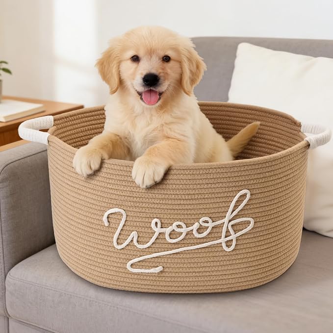 Woof Dog Toy Basket, Large Dog Toy Storage Bin with Durable Handles, Woven Dog Basket for Blankets, Toys, Chews, Pet Toy Storage Box for Nursery, Living Room, Bedroom, 17”x12”x9, Beige