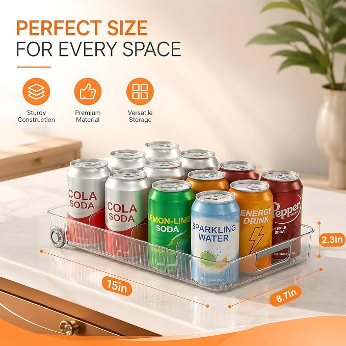 2 Pack Profile Fridge Organizer Bins with Wheels, 2.3'' Low Clear PET Roll Out Refrigerator Trays with 4 Dividers for Soda Cans, Drinks, Snacks and Pantry