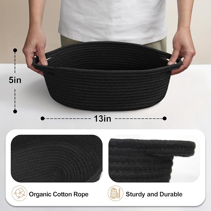 Black Woven Basket, 13” x 9” x 5” Cute Dog Toy Basket, Soft Cotton Rope Storage Box, Cat Toy Bin, Baskets for Gifts Empty, Small Baskets for Organizing, Decorative Basket