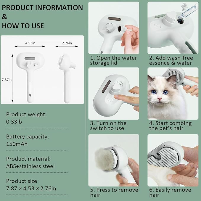 Fur Shower Brush for Cat & Dog, 3 in 1 Self Cleaning Steamy Pet Brush, Cat & Dog Steam Brush, Pets Spray Hair Removal Comb - Anti-Static, Dog Grooming Tool with Steam | Skin-Friendly Design (White)