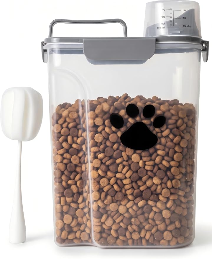 5-7Lbs Dog Cat Food Storage Container with cleaning brush | 4 Snap Seals,Portable Pet Food Containers with Upgraded Large Nozzle and Measuring Cup,Cats,Birds(Large-Grey)