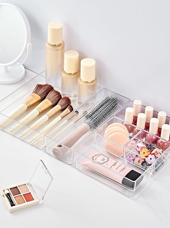 SMARTAKE 37 PCS Drawer Organizer 4 Size Desk Makeup Drawer Organizer Clear | Storage Trays with Non Slip Silicone Pads for Makeup , Jewelries, Utensils in Bedroom Dresser, Office, Kitchen and Bathroom