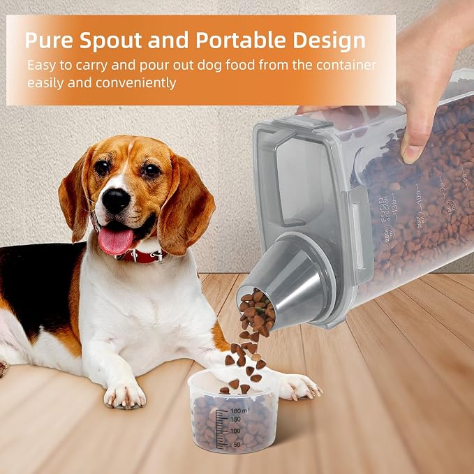 LEAWALK 3-5Lbs/3Qt Dog Cat Food Storage Container With Foldable Bowl., Plastic Pet Food Dispenser for Small Animal Kibble/Pet Food/Bird Seed/Oatmeal/Rice/Flour/Brown Sugart/Cereals (Clear Grey)