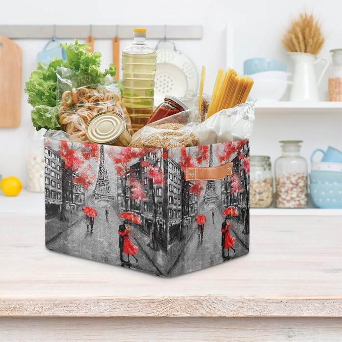 Pardick Eiffel Tower Storage Basket Bins Paris France Flower Toys Books Clothes Canvas Storage Box Cubes Rectangular Collapsible with Handles for Bedroom Nursery Home Office Decor Organizer Basket