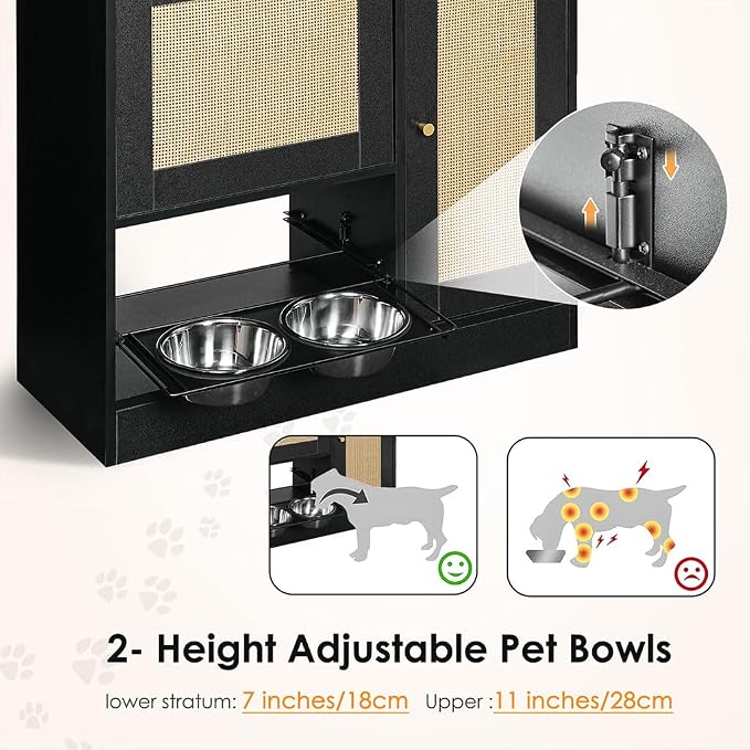 Pet Feeder Station Storage Cabinet, Hidden Pet Feeder Station with 2 Elevated Dog Bowls and Side Hooks, Large Pet Food Organizer Furniture for Feeding & Watering Supplies,