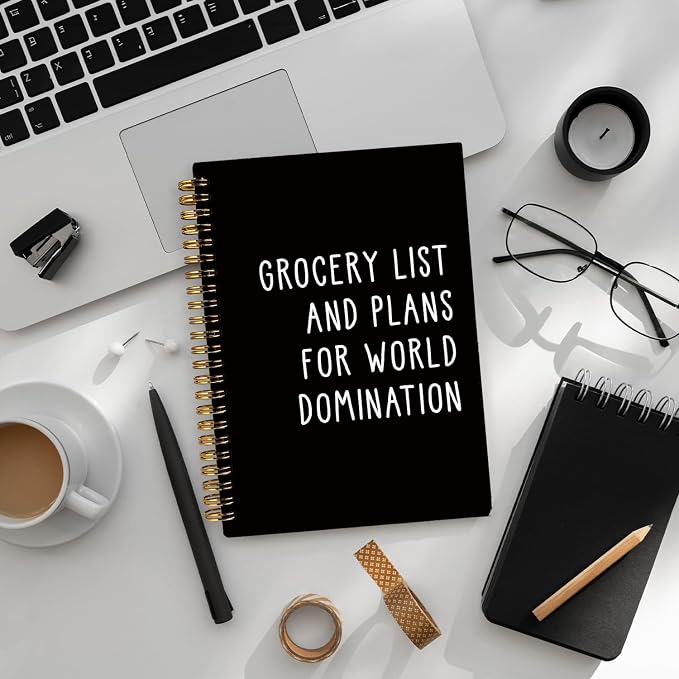 Grocery List Plans World Domination Funny Notebooks Journal | Funny Gag Office Gifts for Coworkers, Office Notebooks, Funny Office Supplies, Black Hardcover Spiral Notebook 5.5x8.3 In