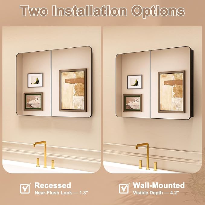 32x24 in Double Door Medicine Cabinet with Mirror, Matte Black | Fully Assembled; Recessed or Surface Wall Mount; Metal Cabinet with Tempered Glass Mirror and Two Adjustable Glass Shelves