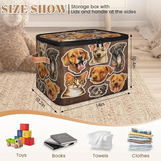Storage Bin Dogs Cats Storage Basket with Zipper Lid & Handle Foldable Storage Box Cube Bins Clothes Organizer for Closet, Bedroom
