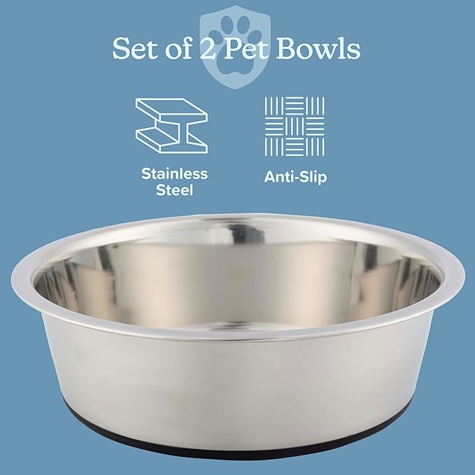Set of 2 Stainless Steel Dog Bowls - 64oz/8 Cups Food and Water Bowls for Dogs and Cats - Non Slip Metal Pet Dishes for Medium to Large Sized Pets - Puppy Essentials by PETMAKER