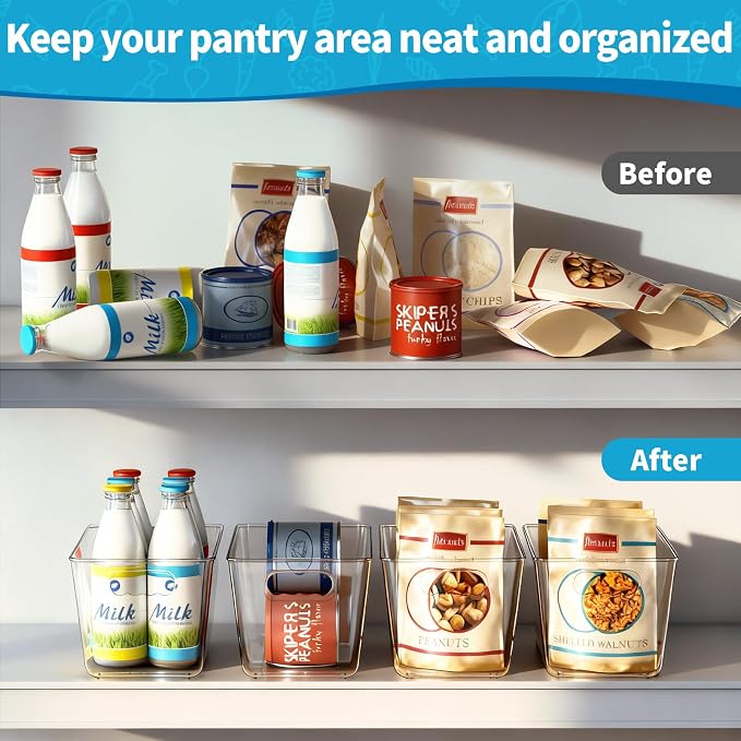 Clear Fridge Organizer Bins with Handles, 4 Pack Medium 10×6×5 Inch | Clear storage bins with handles, food organizer basket for kitchen, fridge, freezer and bedrooms