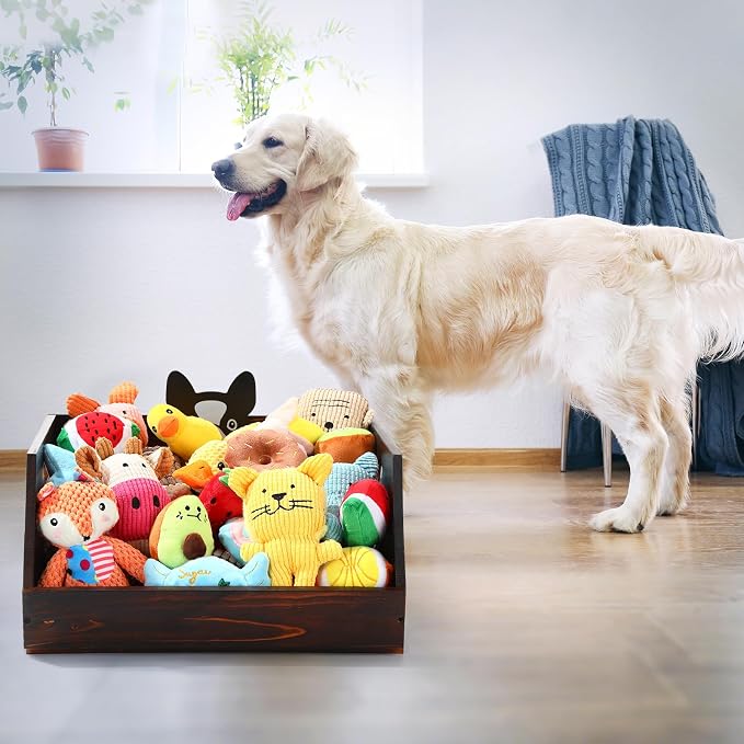 Briwooody Dog Toy Bin, 17.5 Inch Large Wooden Puppy Toy Storage Basket with Handle and Dog Head Tags Durable Pet Doll Box Puppy Stuff Organization Chest for Leash, Food, Accessories
