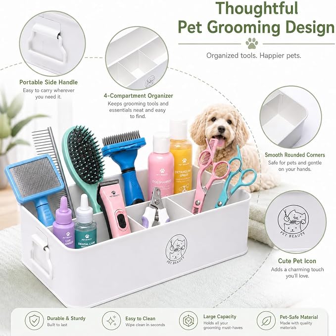 Dog Grooming Organizer Caddy, 4-Compartment Metal Pet Grooming Supplies Storage Bin with Handles, Pet Stuff Holder for Brushes, Clippers, Scissors, Combs, Cat Dog Grooming Kit-White