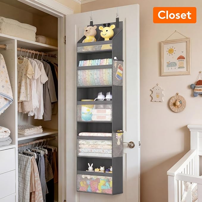 Lifewit 5 Tier Over the Door Organizer, Diaper Hanging Storage, Gray | Nursery Sturdy Large Heavy Duty Back of Door Shelf with 4 Mesh Side Pockets, for Baby Stuff Toy in Pantry, Laundry, Bathroom