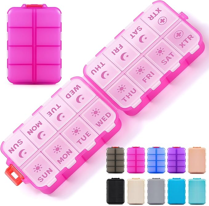 Foldable Weekly Pill Organizer 2 Times a Day with 2 Extra Compartments - Etched Labels - Portable 7 Day AM PM Medicine Box, Week Daily Travel Pill Case Holder for Meds, Vitamin, Supplement -Clear Pink