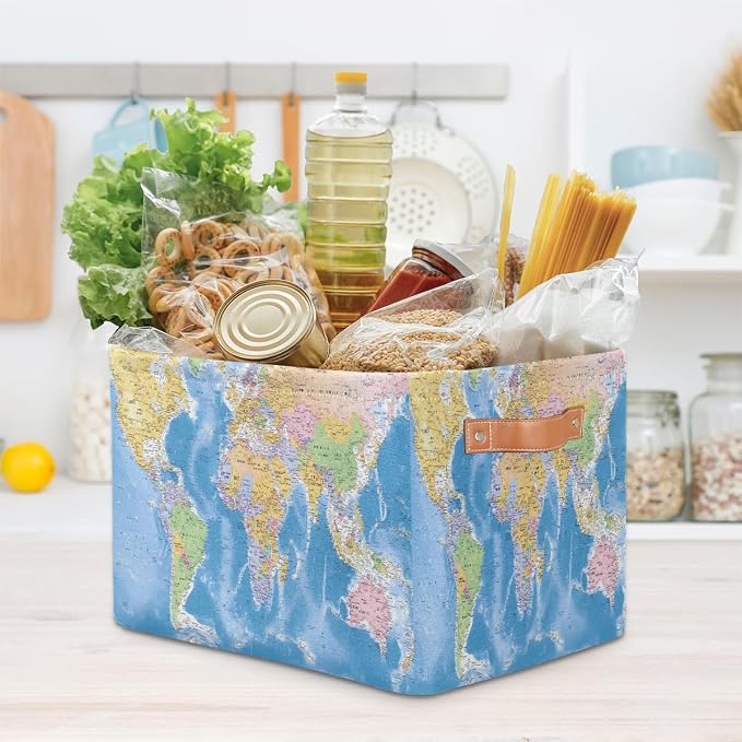 World Map Storage Basket Collapsible Cloth Storage Cube Bin Organizer | Collapsible Cloth with Handles Rectangular Toys Nursery Bedroom Home Office