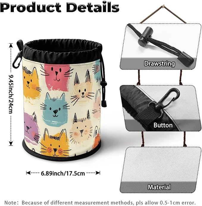 Cat Clothespin Bag for Clothesline Outdoor, Clothes Pin Bag with Drawstring Closure, Large Opening, Large-Capacity Clothespin Storage Organizer with Hooks