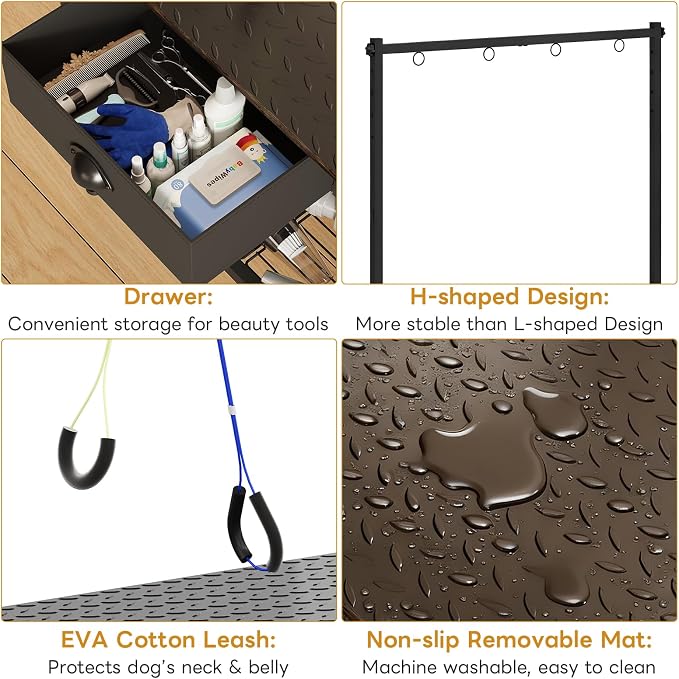 Dog Grooming Table with Drawers and Mesh Tray,32 Inch Adjustable Pet Grooming Table with Non-slip Removable Washable Mat and EVA Protective Lanyard ,Professional Grooming Table for small Dogs at Home