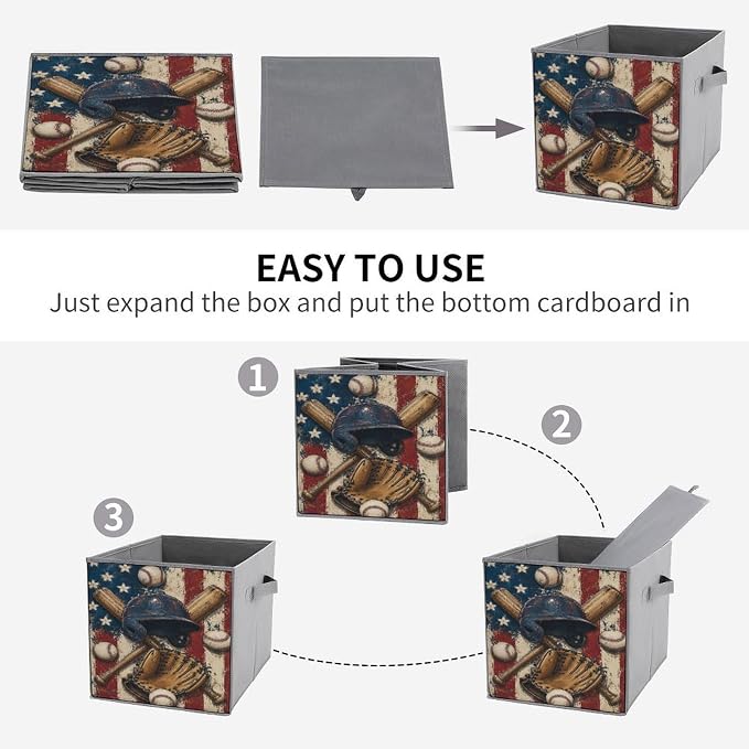 Baseball Gear American Flag Design Storage Bin with Handles, Oxford Fabric Foldable Storage Cube Organizer for Clothes, Towels, Bedroom, Living Room, Home Organization