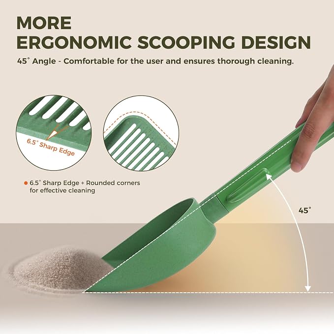 MUTTROS Cactus Cat Litter Scoop with Holder, 2 Replaceable Shovels, Green | Wheat straw plastic; ABS handle; Trash bag storage