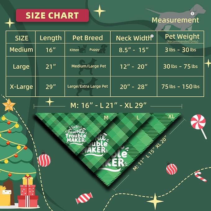 Christmas Dog Bandanas Naughty & Nice List Print - Santa's Favorite Trouble Maker - Pet Holiday Scarf Costume Gift, Green Plaid, Extra Large Breed, 75lbs+