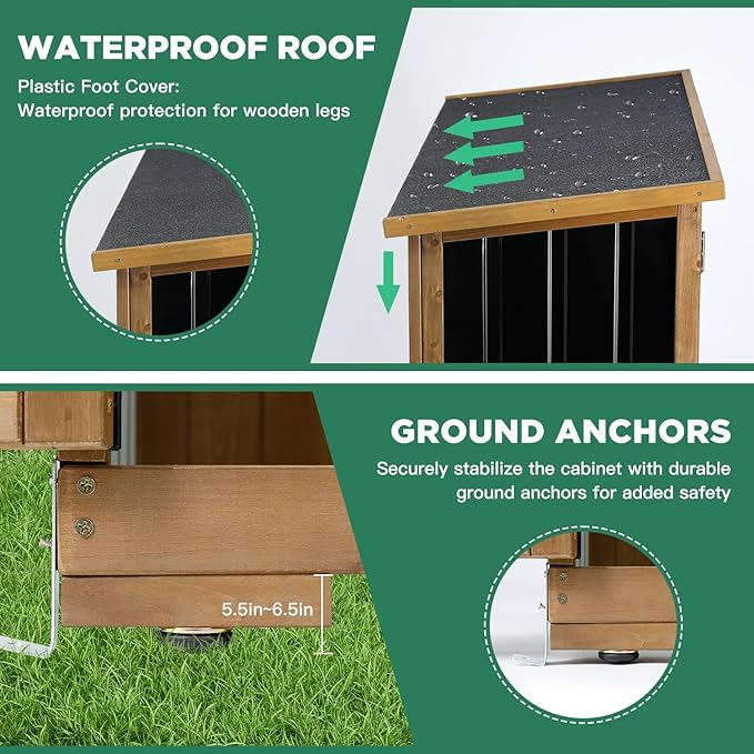 Ketive Outdoor Storage Cabinet, Wood & Metal Storage Shed with Weather-Resistant Roof, Double Lockable Doors, Removable Shelves & Adjustable Feet, for Patio, Backyard, Poolside, 46" x 18" x 68"