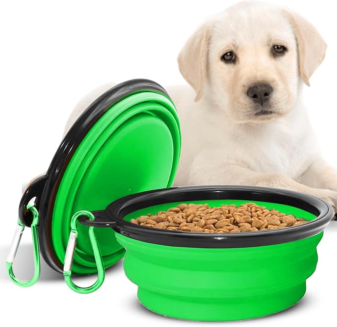 Collapsible Dog Bowls for Travel, Green | Portable Dog Water & Food Bowl for Dogs and Cats, Foldable Pet Feeding Dish, Walking Hiking Camping, Carabiner, BPA Free