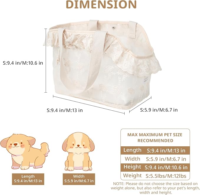 ONECUTE Dog Carrier for Small Dogs Rabbit cat with Lace Design, Cotton Bag, Dog Carrier Soft Sided, Collapsible Travel Puppy Carrier (Beige, 13" L x 6.7" W x 10.6" H)