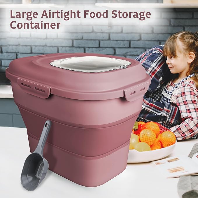 Komzon Rice Storage Bin Cereal Containers, 13-50lb Collapsible Rice Container Dispenser with Transparent Lid, Rolling Wheels, Measuring Cup and Scoop, Airtight Dog Cat Pet Food Storage Container Pink