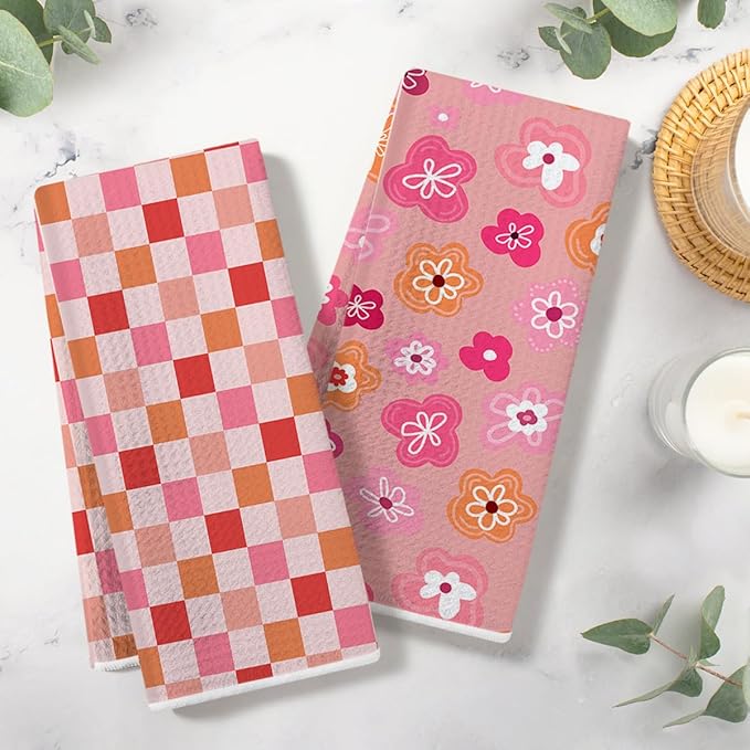 2PCS Abstract Flower Gingham Kitchen Towels 14x24 Inch, Absorbent Microfiber Decorative Dish Cloth Tea Towel, Floral Waffle Hand Towels for Kitchen Home Bathroom, Housewarming Gifts for Women