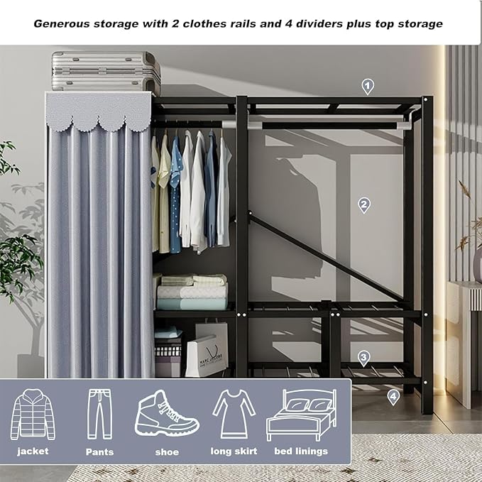 FPIGSHS Portable Wardrobe Closet Rack,1100lbs,Heavy-Duty Foldable Garment Rack With Cover，Freestanding Clothes Organizer System,enclosed Curtain Armoires For Hanging Clothes For Bedroom (150cm/59in)
