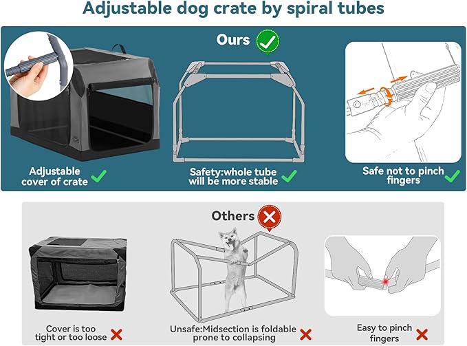 PETSFIT Travel Dog Crate, Soft Dog Crate - 30 Inch Sturdy Adjustable Structure, Easy to Set Up, Perfect for Car, Light Tough with 3 Mesh Doors Grey