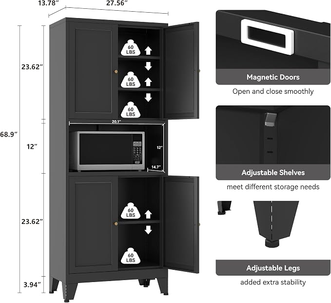 YAUWOH 69" Tall Metal Pantry Cabinet with Microwave Shelf, 4 Doors & 3 Adjustable Shelves, 120LBS Per Shelf Heavy Duty Storage Cabinet with Anti-Tip Design for Kitchen,Dining Room (1PC,Black)