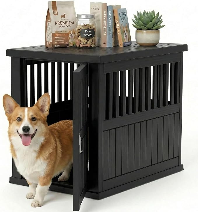 EFU 32 Inch Small Dog Crate Furniture, Indoor Dog Kennel, Puppy Pet House | Resin Pet House End Side Table, Waterproof Puppy Crates Cage for Medium Small Dogs to 45 lb, Black