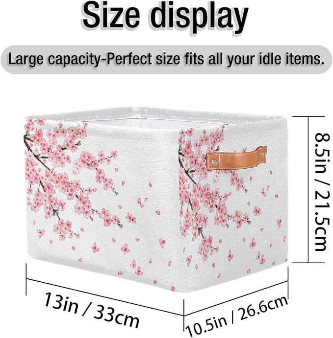 Basket Storage Bins Japanese Cherry Blossoms Rectangle Cube Basket Box Kids Girls Boys Toys Organizer Beaket Decor Foldable with Handle for Living Room Bedroom Closet Nursery Office Shelf Gifts