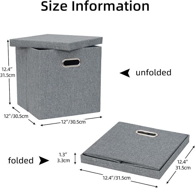 Storage Bins with Lids, Linen Fabric Boxes Organizer Containers with Lid Foldable Storage Box Basket for Closet, Shelves, Home, Office, 12 x 12 x 12 Inch, 4 Pack, Dark Gray, AG3006-7