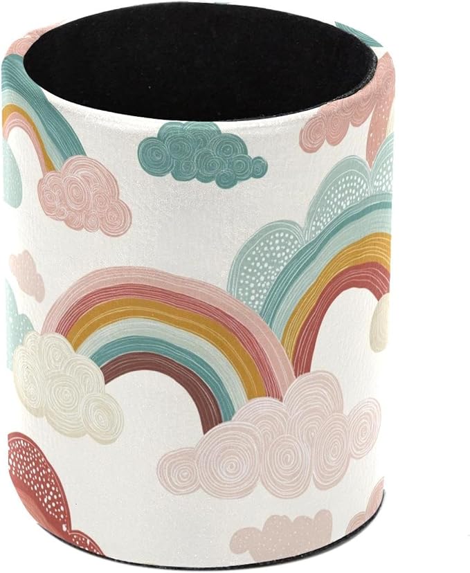 Faux Leather Pen Holder for Desk, Pencil Organizer Rainbows and Clouds Pen Cup Desk Decor Makeup Brush Holder Storage for Office Home