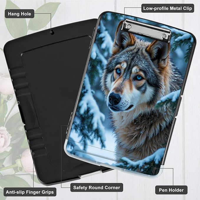A4 Clipboard with Storage Pen Holder, Clipboards Organizer Nursing Clipboard Foldable File Folder Plastic Clipboard Folio Clip Board for Office Work Classroom Doctor, Snow Forest Wolf