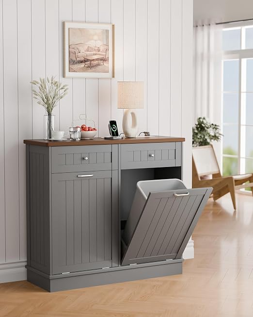 Betterhood Double Tilt Out Trash Cabinet with Power Outlet & USB, Hidden Garbage Can Holder with 2 Storage Drawers, Wooden Laundry Hamper for Kitchen, Bathroom, Living Room, Grey
