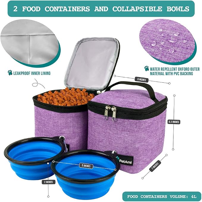 PetAmi Dog Travel Backpack 27L Airline Approved Pet Supplies Bag, Purple | Cat Traveling Suitcase Organizer for Weekend Road Trip Camping; 2 Food Containers, 2 Collapsible Bowls & Poop Bag Dispenser