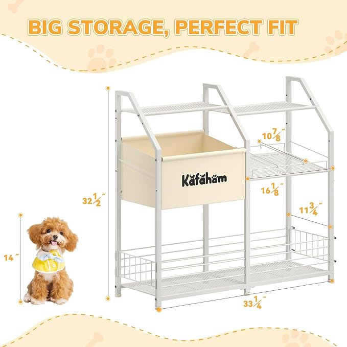 KAFAHOM Dog Toy Basket, Large Dog Toy Bin with Can Dispenser, Pet Toy box with Storage Shelf, Dog Stuff with Collar Leash Holder Rod, Ultimate Pet Furniture & Essentials, Dog Lover Gifts