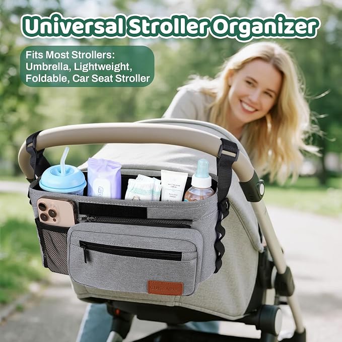 Universal Stroller Caddy with Cup Holder, Stroller Organizer Bag for Travel | Walker Stroller Diaper Bag with Detachable Phone Bag, New Moms Baby Shower Gifts, Accessories Fits for Uppababy, Baby Jogger
