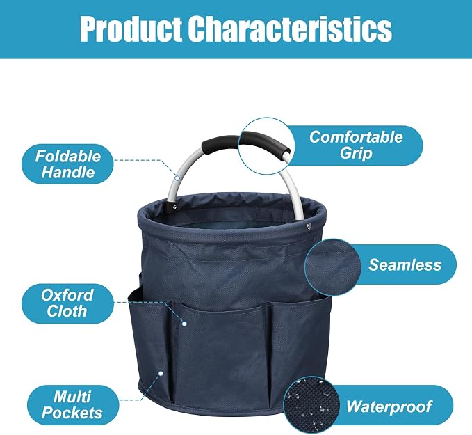 17L Cleaning Caddy, Portable Cleaning Supply Bucket, 6 Pockets Foldable Cleaning Supplies Organizer with Handle, Cleaning Caddy Bag for Cleaning Products (Navy Blue)