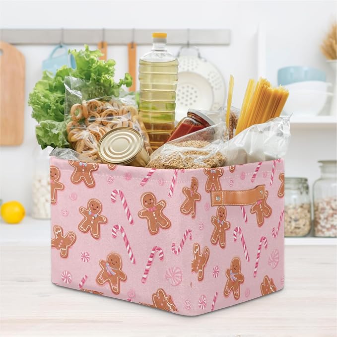 Pink Candy Gingerbread Storage Bins Christmas Nursery Baskets Waterproof Closet Organizer with Handle Collapsible Shelf Containers Storage Box for Books Cloth 15 X 11 X 9.5 IN